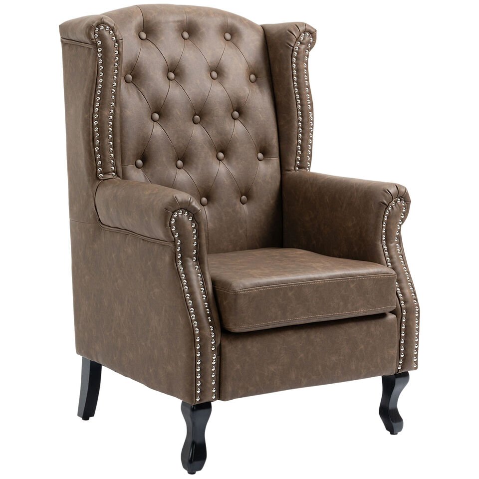 Vintage Style Armchair Wingback Lounge Tufted Faux Leather Cushion Seater Brown - Image 3