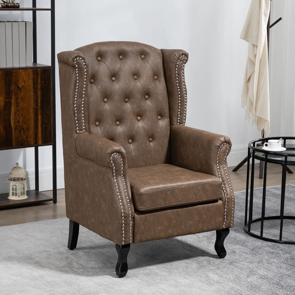 Vintage Style Armchair Wingback Lounge Tufted Faux Leather Cushion Seater Brown - Image 5