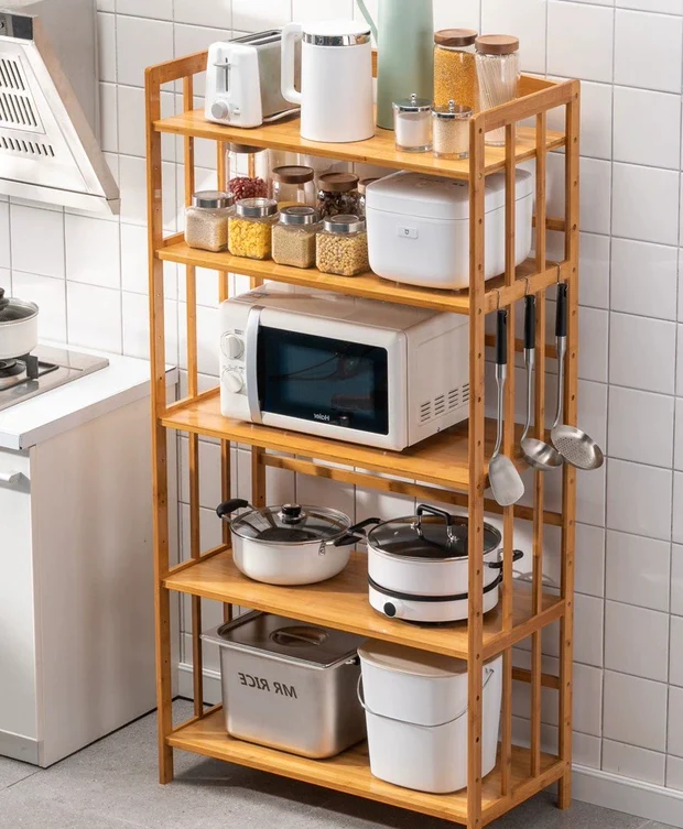 Beauty Panda® Teak Wood 5 Tire Multipurpose Stand for Kitchen Storage, Microwave & OTG Oven Rack, Shoe Rack, Office Organizer, Bookshelf Utensil Kitchen Rack - Image 3