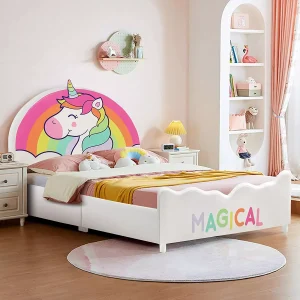 Costway Kids Upholstered Platform Bed Children Twin Size Wooden Bed Unicorn Pattern